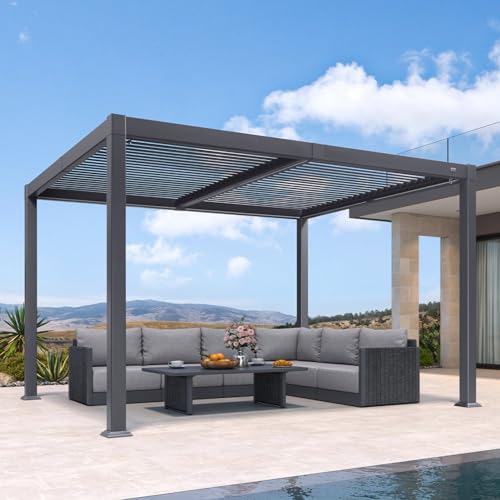 PURPLE LEAF Pergola 3 x 3.65 m mit Lamellendach Wasserdicht Stabil Winterfest Terrassenüberdachung Freistehend Lamellenpergola Verstellbaren Alu-Lamellen mit LED-Lichtleiste für Garten, Grau von PURPLE LEAF