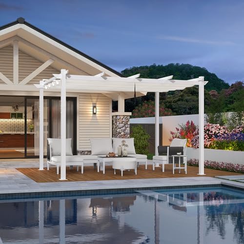 PURPLE LEAF Pergola 3 x 4 m aus Weiß Rahmen, Gartenpavillon Aluminium Wasserfest Sonnendach mit Einziehbares Vordach, Terrassenüberdachung mit Markisenschutz, UV Beschattung, Weiß von PURPLE LEAF