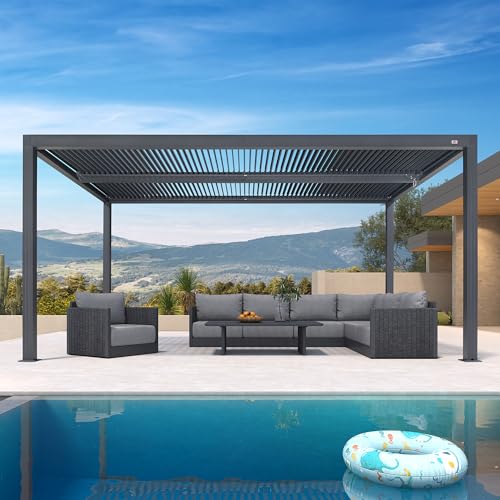 PURPLE LEAF Pergola 3 x 4.8 m Wasserdicht Stabil Winterfest Alu Pergola mit Lamellendach Lamellenpergola Verstellbaren Alu-Lamellen Terrassenüberdachung für Garten, Grau von PURPLE LEAF