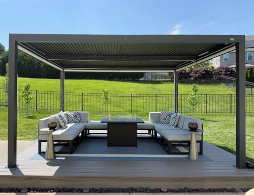 PURPLE LEAF Pergola 3.35 x 4 m mit Lamellendach Terrassenüberdachung Hardtop Pavillon Wasserdicht Stabil Winterfest Freistehend Verstellbaren Aluminium-Lamellen, Grau von PURPLE LEAF