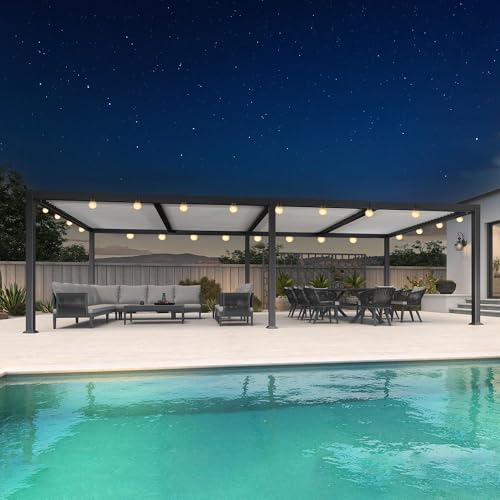 PURPLE LEAF Pergola 3.45 x 8.3 m Wasserdicht Stabil Winterfest Pavillon mit Aluminium-Lamellen Terrassenüberdachung mit 14.6 m 24 LED Lichterkette Glühbirnen, Grauer Rahmen und Weißes Dach von PURPLE LEAF
