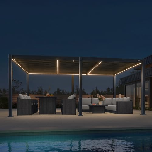 PURPLE LEAF Pergola 3.5 x 5.3 m Pavillon mit Verstellbaren-Lamellendach Terrassenüberdachung Wasserdicht Stabil Winterfest Voll-Aluminium Freistehend mit LED-Lichtleiste für Garten, Grau von PURPLE LEAF