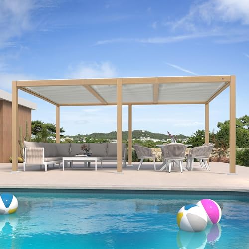 PURPLE LEAF Pergola 3.5 x 5.5 m Holzoptik Alu Pergola mit Lamellendach Pavillon Verstellbaren Alu-Lamellen Terrassenüberdachung Wasserdicht Stabil Winterfest, Natur von PURPLE LEAF