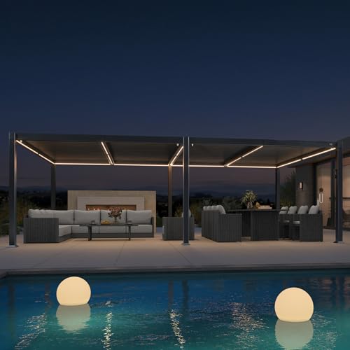PURPLE LEAF Pergola 3.5 x 7.16 m mit Lamellendach Terrassenüberdachung Freistehend Wasserdicht Stabil Winterfest Verstellbaren Alu-Lamellen Pavillon mit LED-Lichtleiste, Grau von PURPLE LEAF
