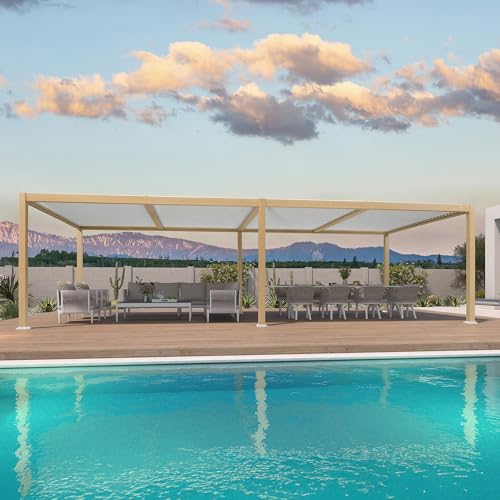 PURPLE LEAF Pergola 3.5 x 8.5 m Holzoptik Alu Pergola mit Lamellendach Pavillon Verstellbaren Alu-Lamellen Terrassenüberdachung Wasserdicht Stabil Winterfest, Natur von PURPLE LEAF