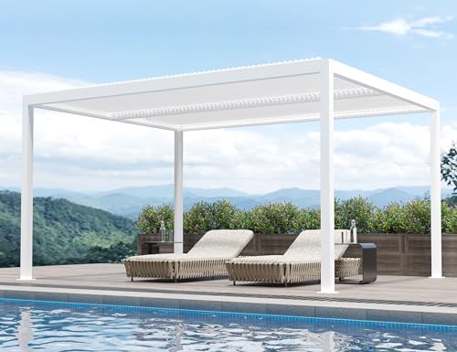 PURPLE LEAF Pergola 3.65 x 4.8 m Terrassenüberdachung Freistehend Verstellbaren Aluminium-Lamellen Wasserdicht Stabil Winterfest Hardtop Pavillon mit Lamellendach, Weiß von PURPLE LEAF