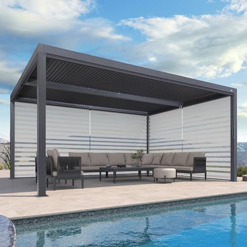 PURPLE LEAF Pergola 3.65 x 4.8 m mit Sonnenrollo Lamellenpergola Wasserdicht Stabil Winterfest Alu Lamellenpavillon für Terrasse, 1 Lange Seite und 1 Kurze Seite, Grau von PURPLE LEAF