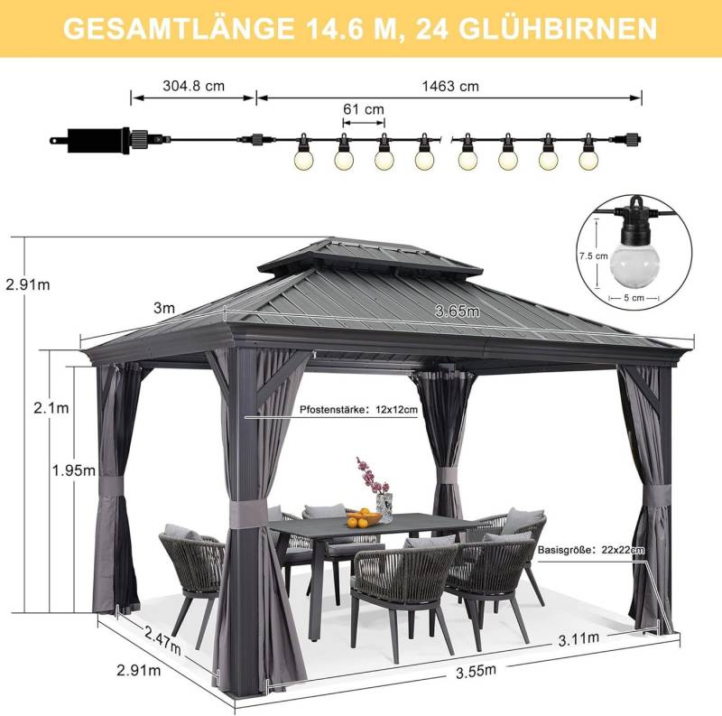 PURPLE LEAF Pergola Hardtop Alu Pavillon mit Seitenteilen und 24 LED Lichterketten, Für den Garten und die Terrasse im Freien von PURPLE LEAF