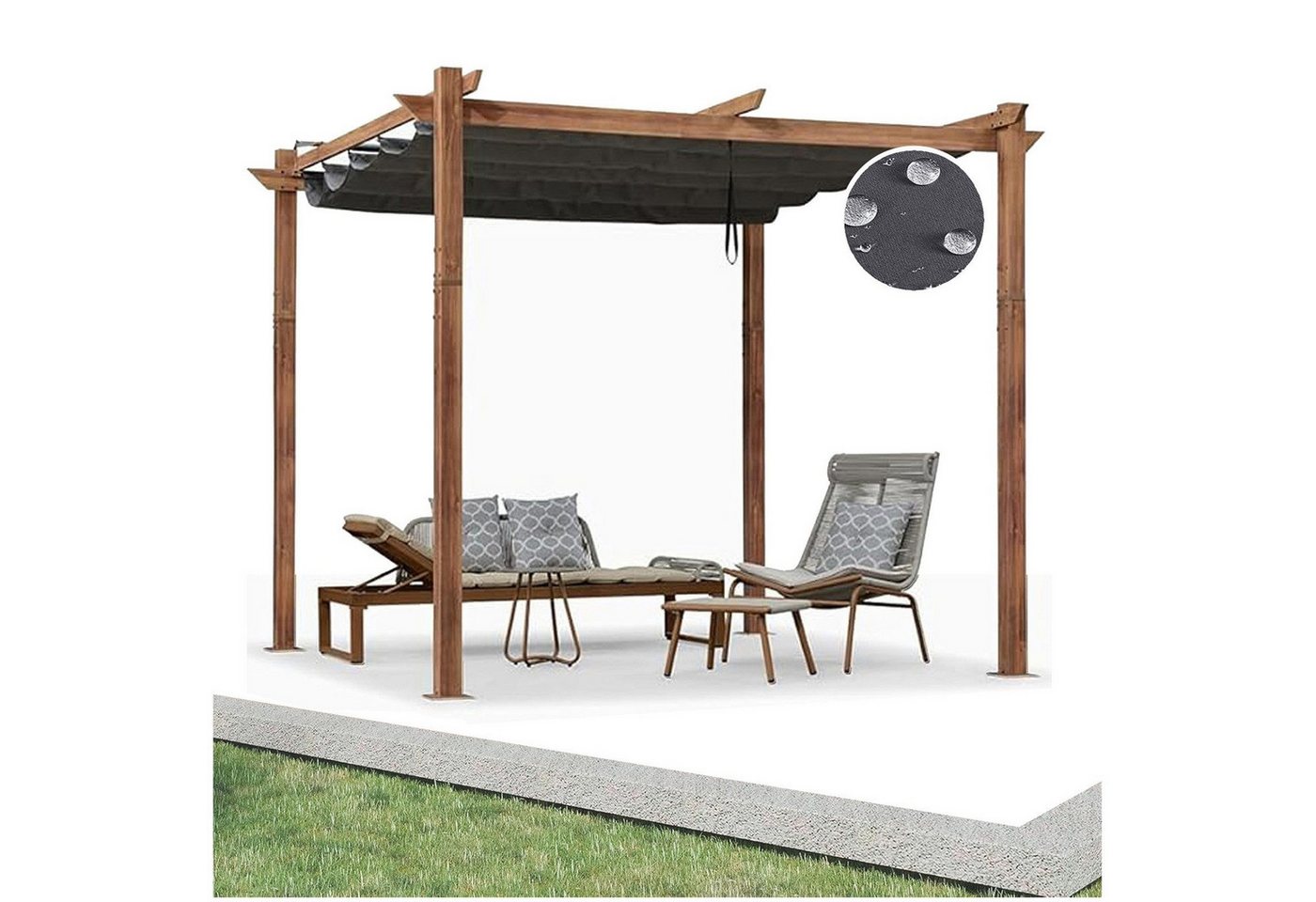 PURPLE LEAF Pergola Holzoptik Pavillon mit einziehbarem Dach, Alu Terrassenüberdachung, Gartenpavillon Stabil & Winterfest, Terrasse, Balkon von PURPLE LEAF