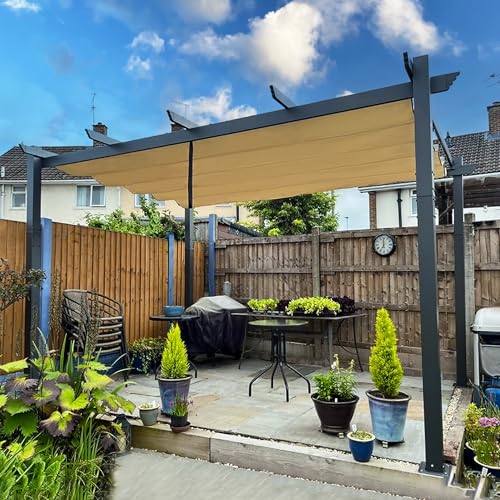 PURPLE LEAF Pergola 3 x 4 m Wasserdicht Stabil Winterfest, Aluminium Gartenpavillon mit Wetterfestes Schiebedach, Terrassenüberdachung Freistehend, UV-Schutz, Beige von PURPLE LEAF