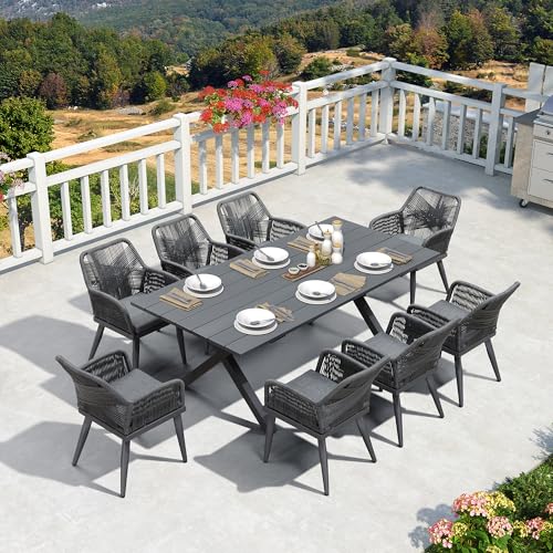 PURPLE LEAF Rivera 9-TLG Gartenmöbel Set 8 Stühle mit Tisch Aluminium Terassenmöbel Außen Wetterfest PE Rattan Essgruppe Gartengarnitur Sitzlounge, Grau von PURPLE LEAF