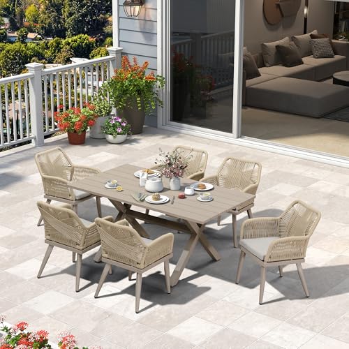 PURPLE LEAF Rivera Gartenmöbel Set 7-TLG PE Rattan Gartenmöbel Sitzgruppe Set 6 Stühle mit Tisch, Terrassenmöbel Außen Garten Essgruppe für 6 Personen, Champagner von PURPLE LEAF