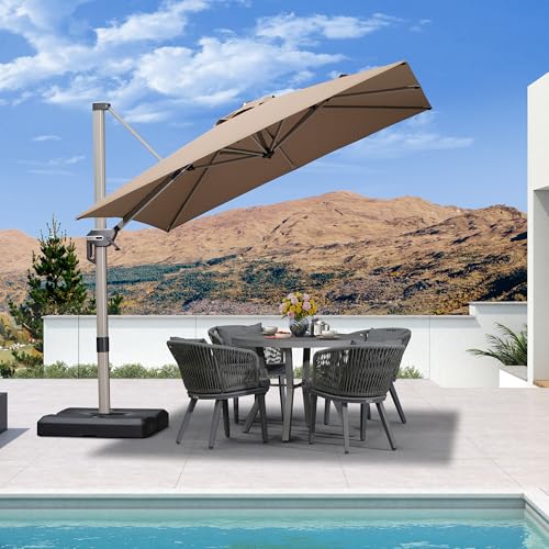 PURPLE LEAF Sonnenschirm 250 x 250 cm Aluminium Ampelschirm Quadratisch 360° Rotation Gartenschirm mit Kurbel Kippbar UPF 50+ Marktschirm Wasserdichter Kurbelschirm für Garten Terrasse, Taupe von PURPLE LEAF