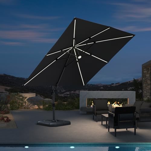 PURPLE LEAF Sonnenschirm 300 x 300 cm Aluminium,Ampelschirm mit Solar LED Beleuchtung, Gartenschirm mit Kurbel, 360° Rotation, UV-beständig, Grau von PURPLE LEAF