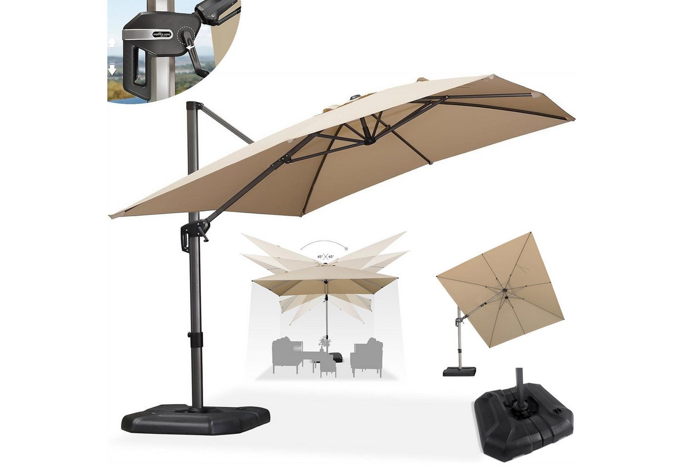 PURPLE LEAF Sonnenschirm Außenbereich Rechteckiger großer Seitlich Neigender Ampelschirm, LxB: 360x270 cm, 360°Rotation, Sonnenschutz UV50+, mit Schirmständer PURPLE LEAF Sonnenschirm Außenbereich Rechteckiger großer Seitlich Neigender Ampelschirm, LxB: 360x270 cm, 360°Rotation, Sonnenschutz UV50+, mit Schirmständer von PURPLE LEAF