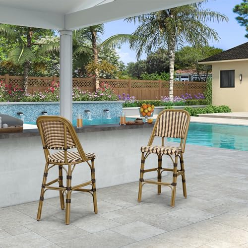 PURPLE LEAF französischer Barhocker 2er-Set, Barstühle mit Geflochten-Finish, Outdoor-Tresenhocker Rattan, Alu-Gestell, mit Rückenlehne & Aluminium Gestell, Braun von PURPLE LEAF