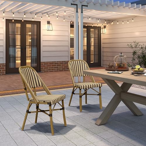 PURPLE LEAF französischer Esszimmerstühle 2er-Set, Bistrostühle mit Aluminium Gestell, Barstühle Rattan mit Geflochten-Finish, Korbstuhl mit hoher Rückenlehne, Braun von PURPLE LEAF