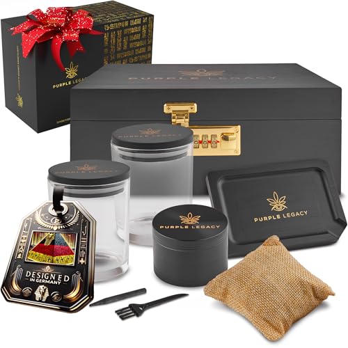PURPLE LEGACY® Stash Box Abschließbare Box aus Kiefernholz mit Zahlenschloss | Rolltablett Rolling Tray Set und 2x Stash Jar | Grinder Set | Roll-Box mit Schloss von PURPLE LEGACY