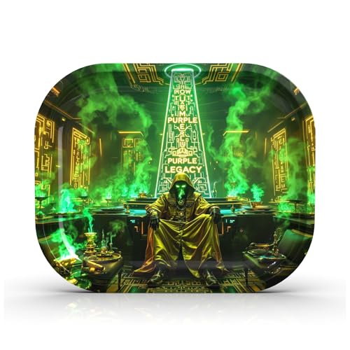 PURPLE LEGACY® Rolling Tray Roll Tray Bauschale groß 34 × 27,5 × 2,7 cm Stopftablett Dreh-Tablett, Drehunterlage Ägyptischen Cyberpunk Stil (Green Throne) von PURPLE LEGACY