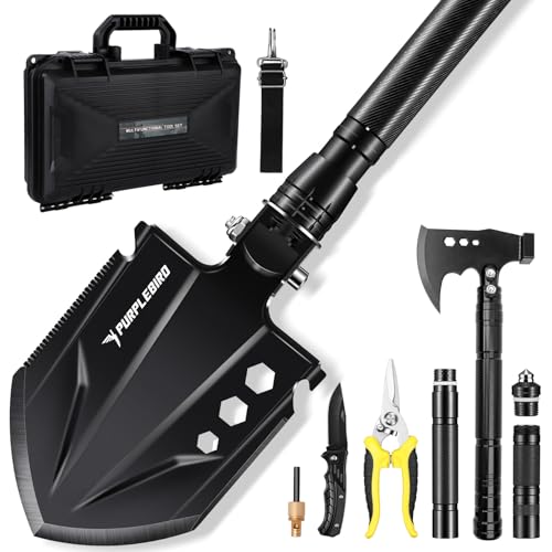PURPLEBIRD 12-in-1 Klappspaten mit 180° Camping-Axt | Überlebens-Set inkl. Multitool, Camping Axe & Tragebag für Outdoor/Camping (rostfrei & faltbar) von PURPLEBIRD
