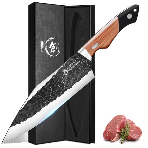 PURPLEBIRD Japanisches Messer, Handgeschmiedete Kochmesser profi Messer, Fleischermesser mit Holzgriff, Scharf Küchenmesser, Full Tang Grillmesser für Küche Camping Grill von PURPLEBIRD