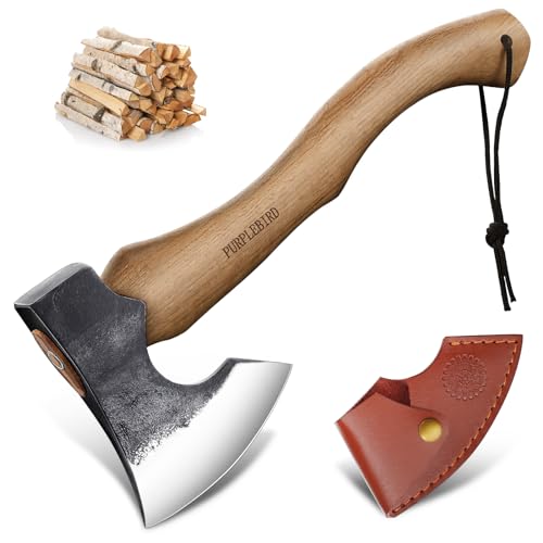 PURPLEBIRD Handgeschmiedete Axt Mit Scheide 38.5cm - Survival Wikinger Spaltaxt für Holz Spalten, Outdoor Bushcraft, Camping, Garten von PURPLEBIRD