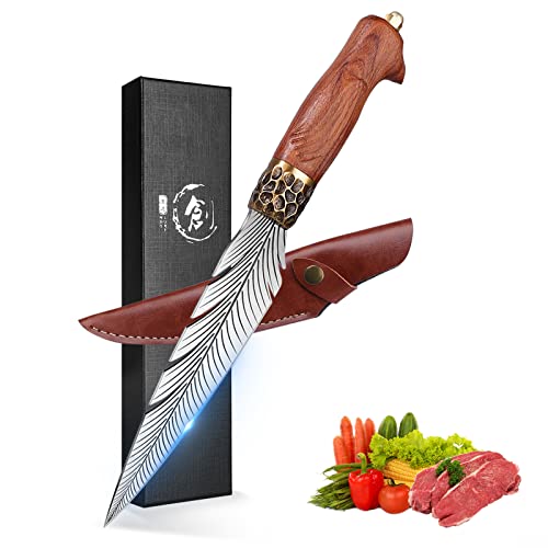PURPLEBIRD Handgeschmiedetes Japanisches Kochmesser mit Lederhülle,Scharfes Ausbeinmesser mit Holzgriff Outdoor Messer,Kohlenstoffstahl Küchenmesser Hackmesser von PURPLEBIRD