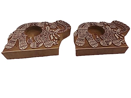PUSHPACRAFTS Set mit 2 handgefertigten Holz Block stempeln Kerzenhalter Kerzenständer Geburtstag Geschenk Kerzenständer t-Lichthalter Mandala Design Elefant Form von PUSHPACRAFTS