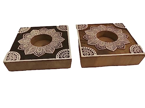 PUSHPACRAFTS Set mit 2 handgefertigten Holz Block stempeln Kerzenständer Geburtstag Geschenk Kerzenständer t-Lichthalter Mandala Design Quadratform von PUSHPACRAFTS