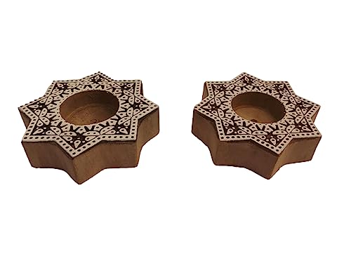 PUSHPACRAFTS Set mit 2 handgefertigten Holz Block stempeln Kerzenständer Geburtstag Geschenk Kerzenständer t-Lichthalter Mandala Design Sternform von PUSHPACRAFTS