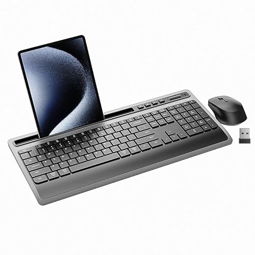 PUSOKEI 2,4 G Drahtlose Tastatur und Mauskombination, Ergonomische Tastatur in Voller Größe mit Telefon -Tablet -Halter, Silent Mouse für Computer -Laptop -PC von PUSOKEI