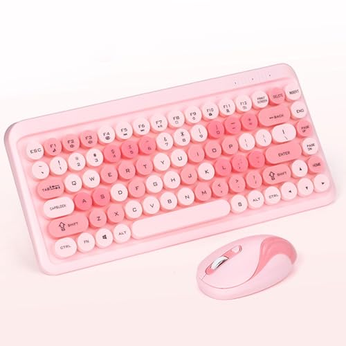 PUSOKEI Combo für Drahtlose Tastatur und Maus, 2,4 GHz USB -Retro -Schreibmaschinen -Tastatur mit Niedlichen Runden Tastenkaps, Ergonomisch in Voller Größe für Computer -Laptop (PINK) von PUSOKEI