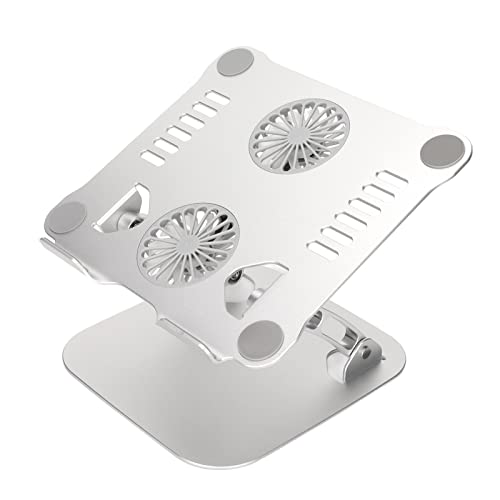 Verstellbarer Laptop Ständer mit Lüfter, Computerhalter aus Aluminiumlegierung mit Mehreren Winkeln für Schreibtisch, Tragbare Notebook Metallhalterung, 2 Lüfter, Kompatibel mit 10 Bis (Silber) von PUSOKEI