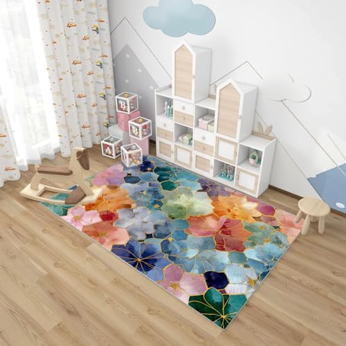 PUSRDEO Abstrakter Niedlicher Teppich Mit Verspieltem Design Blumen Kurzflor Teppich Maschinenwaschbar Fleckenresistent Für Viel Begangene Zonen(Colorful)-90x120cm von PUSRDEO