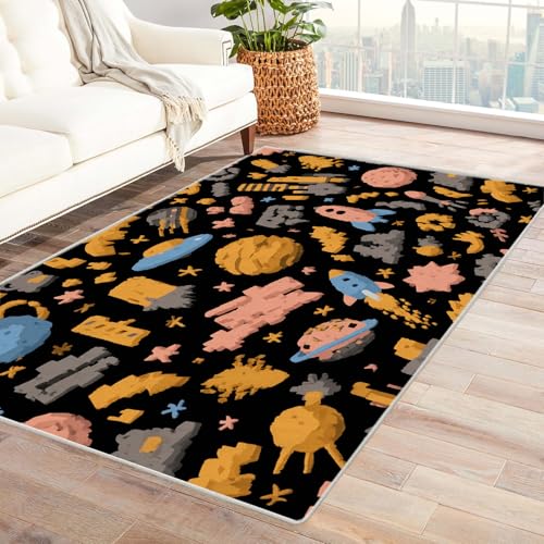 PUSRDEO Abstrakter Niedlicher Teppich Mit Verspieltem Design Weltraum Für Küche Eingangsbereich Arbeitszimmer Mit Antirutsch Rücken Dicke Ausführung(Black)-90x150cm von PUSRDEO