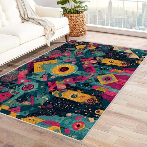 PUSRDEO Abstraktes Design Teppich Set Geometrie-Paradies Haustierfreundlich Schmutzabweisend Atmungsaktiv Kurzflor Für Wohnbereich(White)-150x180cm von PUSRDEO