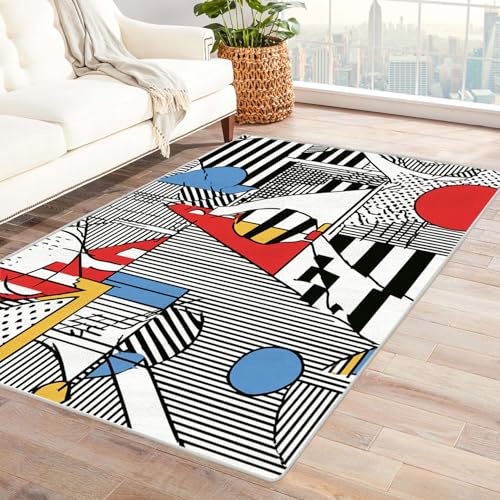 PUSRDEO Abstraktes Kunst Teppich Design Schwarz-Weiß-Muster Für Wohnzimmer Schlafzimmer Büro Mit Rutschfester Unterseite Und Leichter Pflege(Black)-150x210cm von PUSRDEO