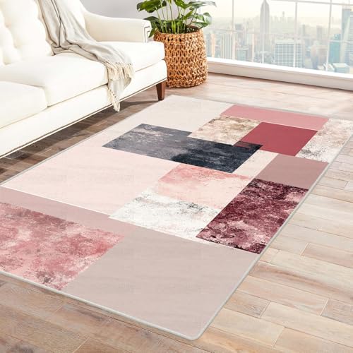 PUSRDEO Abstraktes Muster Teppich Blöcke Dicker Belag Weich Bequem rutschfest Leicht Sauber Machen Für Diele Küchenbereich(Red)-150x240cm von PUSRDEO
