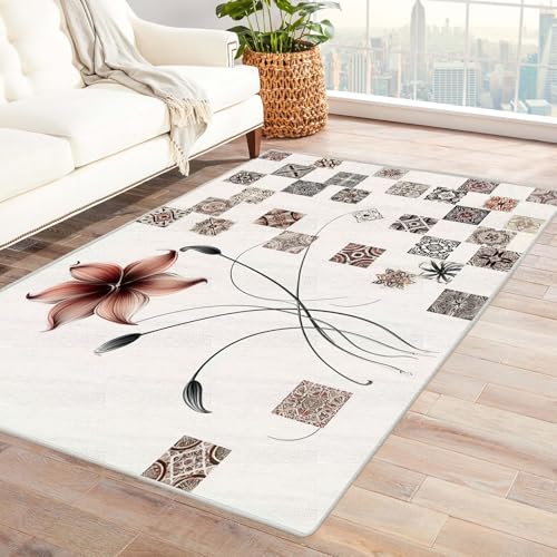 PUSRDEO Abstraktes Quadrat Design Teppich Blumen Und Zweige rutschfeste Basis Dicke Qualität Leicht Rein Für Studio Küchennische Haltbar(Weiß)-120x150cm von PUSRDEO