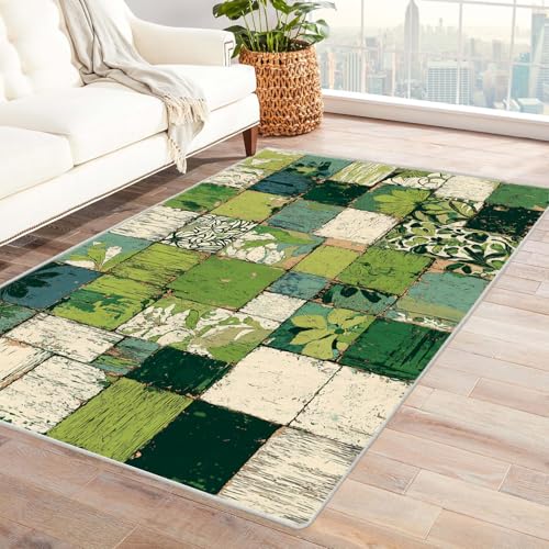 PUSRDEO Abstraktes Quadrat Design Teppich GrüNes Gras Muster Kurzflor Teppich Maschinenwaschbar Fleckenresistent Für Viel Begangene Zonen(GrüN)-120x180cm von PUSRDEO