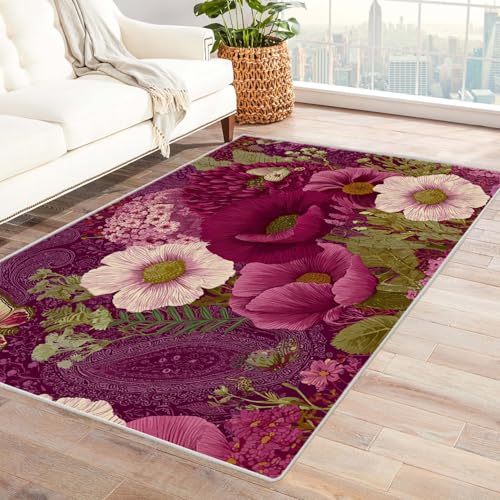 PUSRDEO Blumen Design Teppich mit Malerei Muster Blüten und Blätter Für Studio Arbeitsraum Wohnbereich Mit Gummi Rückseite Anti-Rutsch Fest Bequem(blau)-90x120cm von PUSRDEO