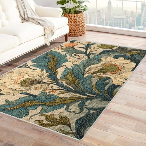 PUSRDEO Blumen Design Teppich mit Malerei Muster Pfauenfedern Maschinenwaschbarer Teppich Kurze Florhöhe Für Viel Genutzte Bereiche(lila)-90x120cm von PUSRDEO