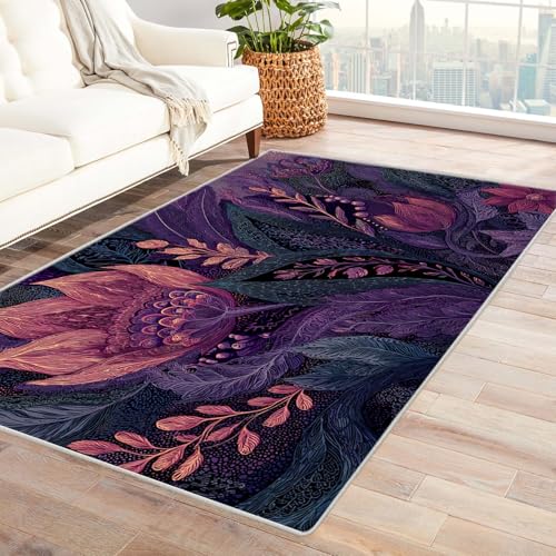 PUSRDEO Blumenmuster Teppich mit Kunstmalerei Design Blatt Maschinenwaschbarer Innen Teppich Für Hohe Beanspruchung Flur Küche Einfache(grün)-90x120cm von PUSRDEO