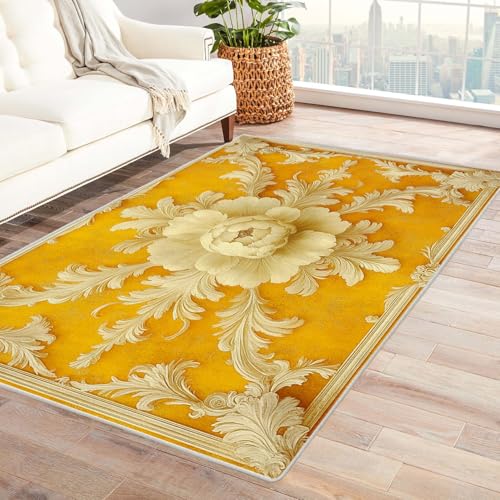 PUSRDEO Blumenmuster Teppich mit Kunstmalerei Design Blumenmuster Für Wohnzimmer Büro Flur rutschfeste Gummirücken Dick Strapazierfähig(Golden)-120x150cm von PUSRDEO