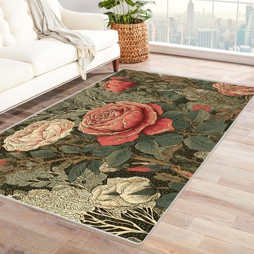 PUSRDEO Blumenmuster Teppich mit Kunstmalerei Design Farbblockierung Für Wohnzimmer Schlafzimmer Büro Mit Rutschfester Unterseite Und Leichter Pflege(schwarz)-120x150cm von PUSRDEO