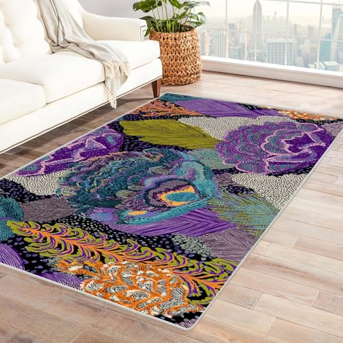 PUSRDEO Blumiger Kunst Teppich mit Malerei Elementen Farbblockierung Für Studio Werkstatt Wohnbereich Mit Gummibeschichtung rutschfest Stabil Bequem(schwarz)-210x300cm von PUSRDEO
