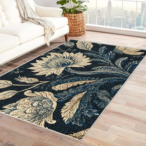 PUSRDEO Blumiger Malerei Teppich Dekorativ Garten Mit Anti-Rutsch Unterseite Dick Ausgepolstert Pflegeleicht Für Diele(lila)-150x210cm von PUSRDEO