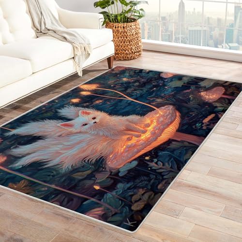 PUSRDEO Cartoon Fantasy Tiere Design Teppich WeißE Fuchs Für Essbereich Wohnbereich Schlafzimmer Antirutsch Rücken Robust Pflegeleicht(Blue)-90x120cm von PUSRDEO