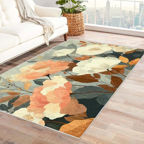 PUSRDEO Digitale Kunst Pflanzen Teppich BlüTen Maschinenwaschbarer Teppich Innen Für Starke Beanspruchung Korridor Küche(Weiß)-120x150cm von PUSRDEO