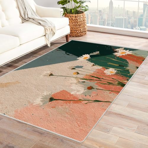 PUSRDEO Digitale Kunst Pflanzen Teppich BlüTen rutschfeste Ausführung Dicke Qualität Leicht Reinigbar Für Arbeitszimmer(Weiß)-120x180cm von PUSRDEO